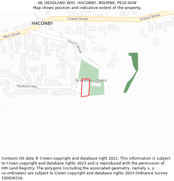 38, HEADLAND WAY, HACONBY, BOURNE, PE10 0UW: Location map and indicative extent of plot