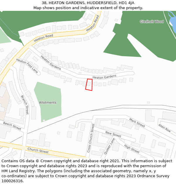 38, HEATON GARDENS, HUDDERSFIELD, HD1 4JA: Location map and indicative extent of plot