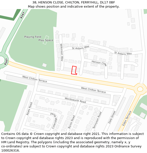 38, HENSON CLOSE, CHILTON, FERRYHILL, DL17 0BF: Location map and indicative extent of plot