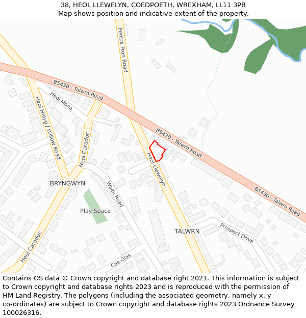 38, HEOL LLEWELYN, COEDPOETH, WREXHAM, LL11 3PB: Location map and indicative extent of plot