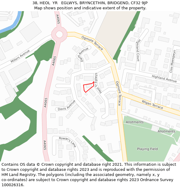 38, HEOL  YR   EGLWYS, BRYNCETHIN, BRIDGEND, CF32 9JP: Location map and indicative extent of plot