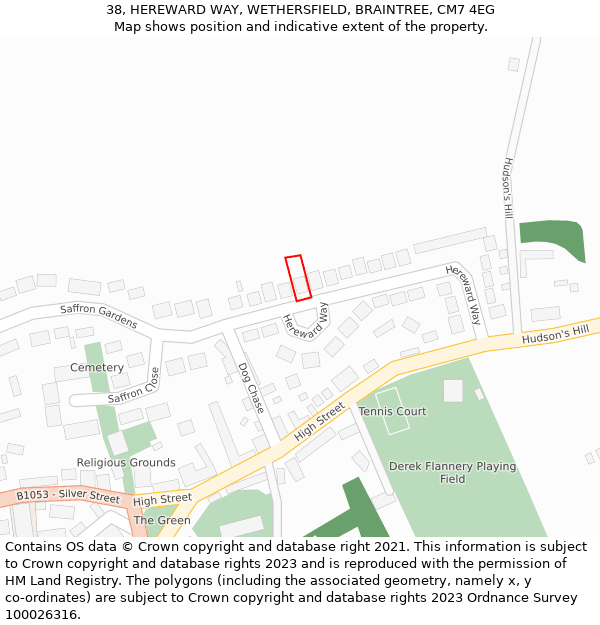 38, HEREWARD WAY, WETHERSFIELD, BRAINTREE, CM7 4EG: Location map and indicative extent of plot