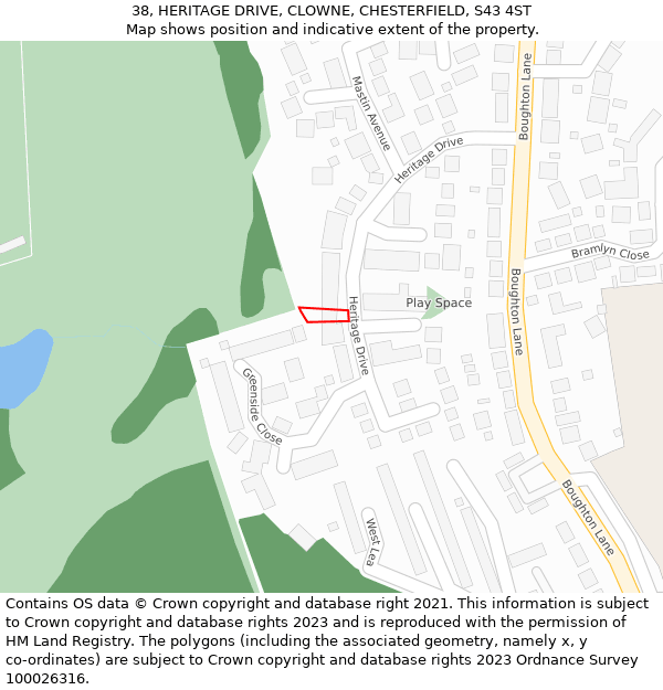 38, HERITAGE DRIVE, CLOWNE, CHESTERFIELD, S43 4ST: Location map and indicative extent of plot