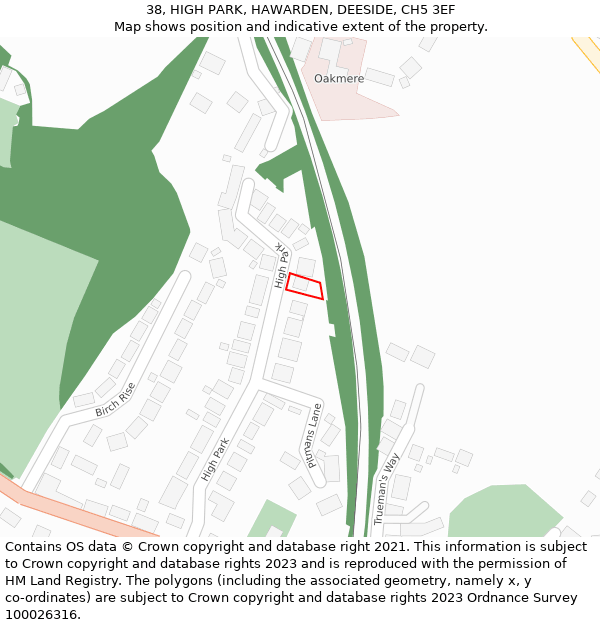 38, HIGH PARK, HAWARDEN, DEESIDE, CH5 3EF: Location map and indicative extent of plot