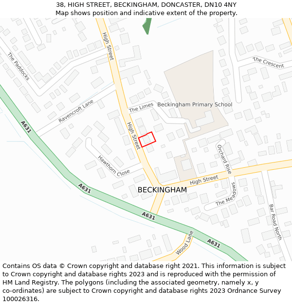 38, HIGH STREET, BECKINGHAM, DONCASTER, DN10 4NY: Location map and indicative extent of plot
