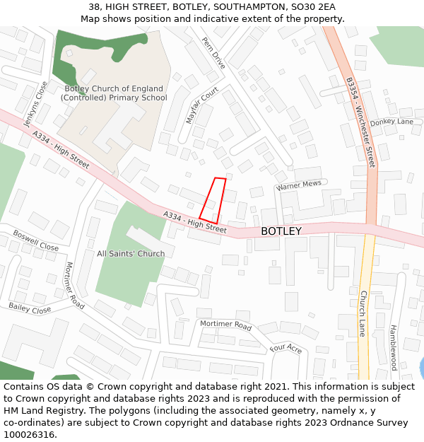 38, HIGH STREET, BOTLEY, SOUTHAMPTON, SO30 2EA: Location map and indicative extent of plot