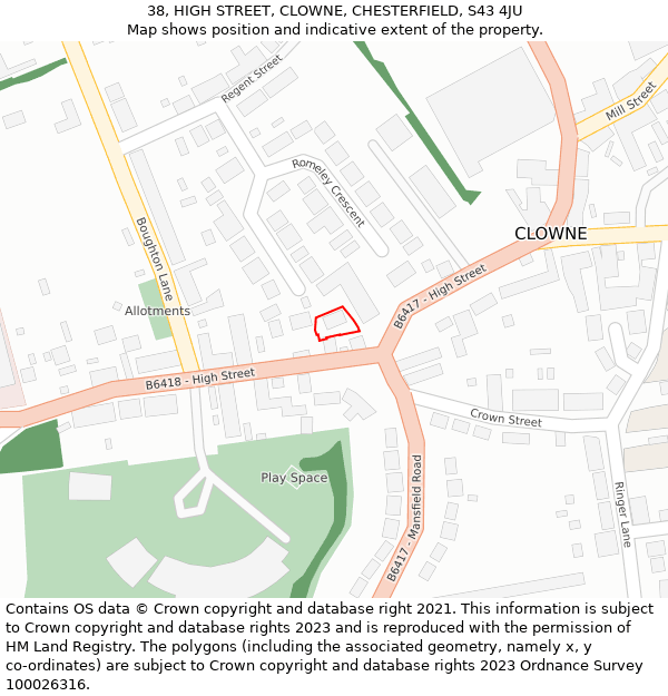 38, HIGH STREET, CLOWNE, CHESTERFIELD, S43 4JU: Location map and indicative extent of plot