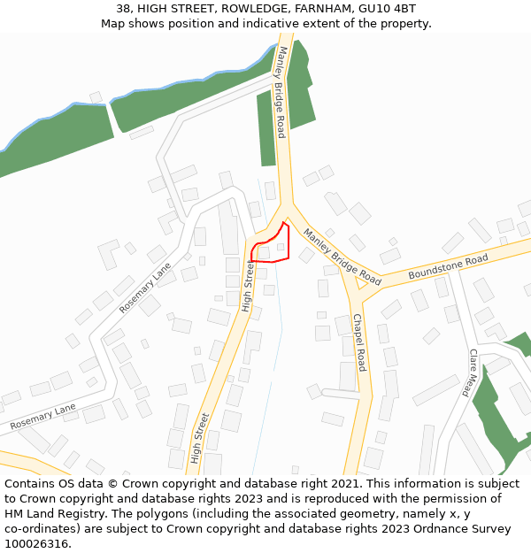 38, HIGH STREET, ROWLEDGE, FARNHAM, GU10 4BT: Location map and indicative extent of plot