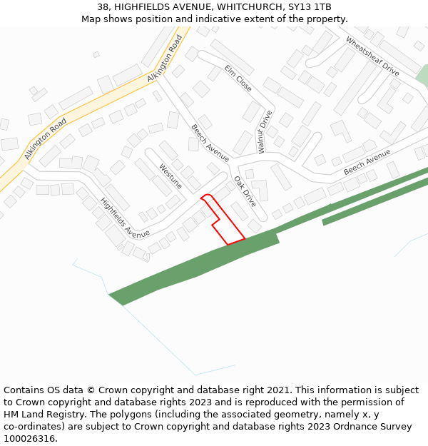 38, HIGHFIELDS AVENUE, WHITCHURCH, SY13 1TB: Location map and indicative extent of plot