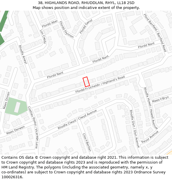 38, HIGHLANDS ROAD, RHUDDLAN, RHYL, LL18 2SD: Location map and indicative extent of plot