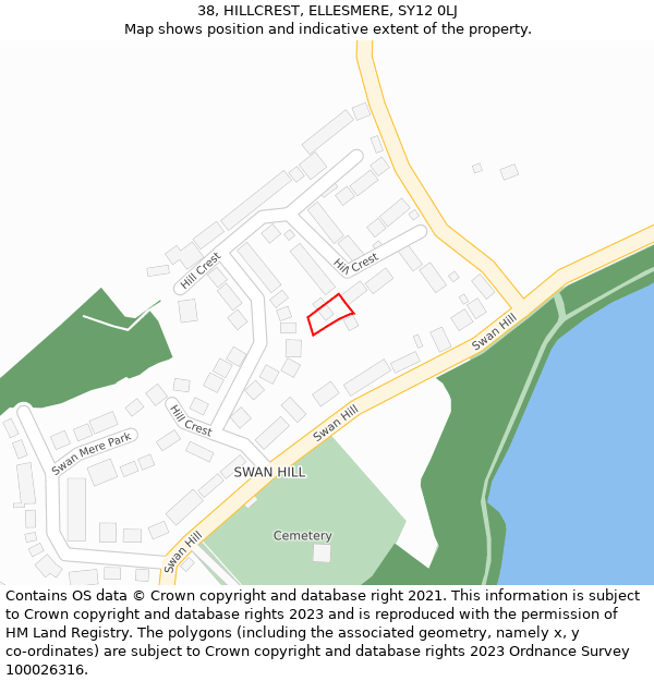 38, HILLCREST, ELLESMERE, SY12 0LJ: Location map and indicative extent of plot