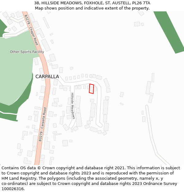 38, HILLSIDE MEADOWS, FOXHOLE, ST. AUSTELL, PL26 7TA: Location map and indicative extent of plot