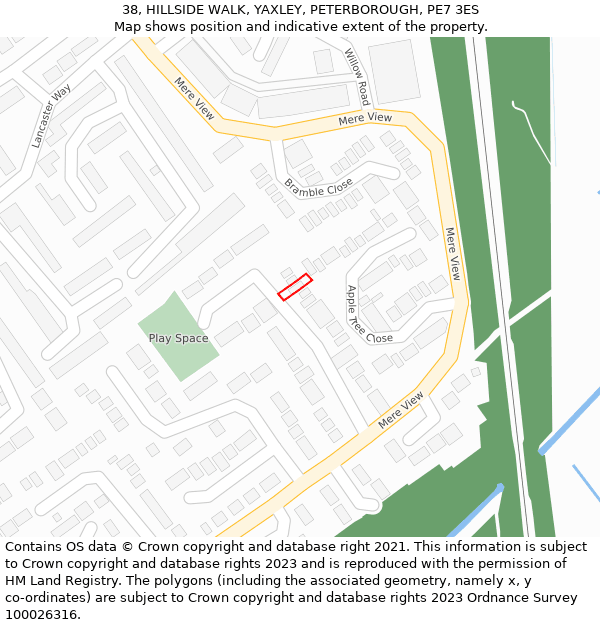 38, HILLSIDE WALK, YAXLEY, PETERBOROUGH, PE7 3ES: Location map and indicative extent of plot