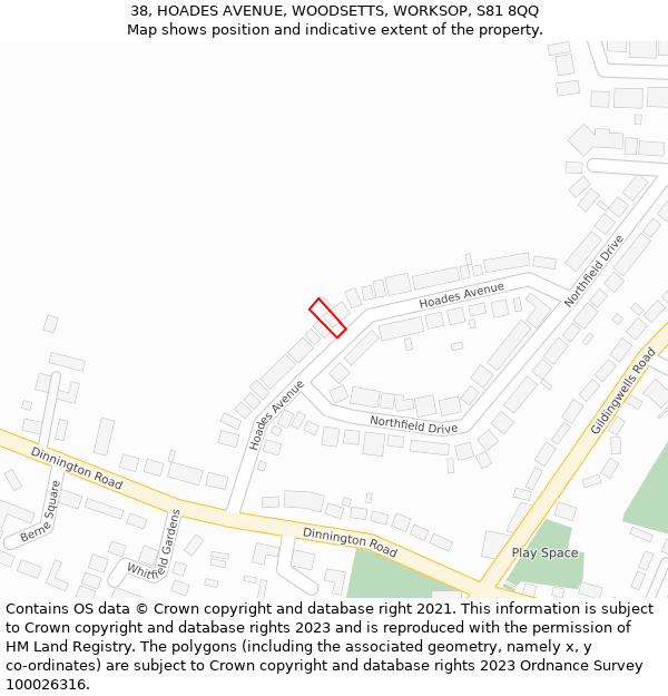 38, HOADES AVENUE, WOODSETTS, WORKSOP, S81 8QQ: Location map and indicative extent of plot