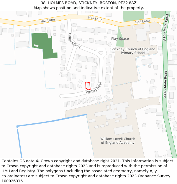 38, HOLMES ROAD, STICKNEY, BOSTON, PE22 8AZ: Location map and indicative extent of plot