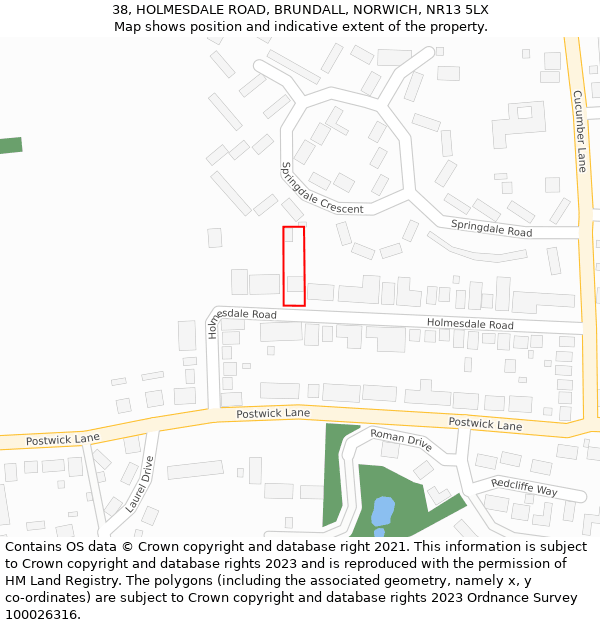 38, HOLMESDALE ROAD, BRUNDALL, NORWICH, NR13 5LX: Location map and indicative extent of plot