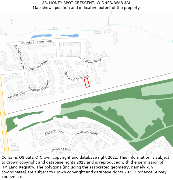 38, HONEY SPOT CRESCENT, WIDNES, WA8 3AL: Location map and indicative extent of plot