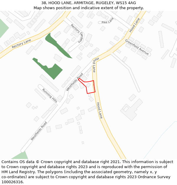 38, HOOD LANE, ARMITAGE, RUGELEY, WS15 4AG: Location map and indicative extent of plot