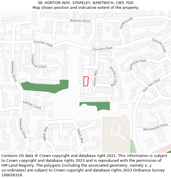 38, HORTON WAY, STAPELEY, NANTWICH, CW5 7GD: Location map and indicative extent of plot