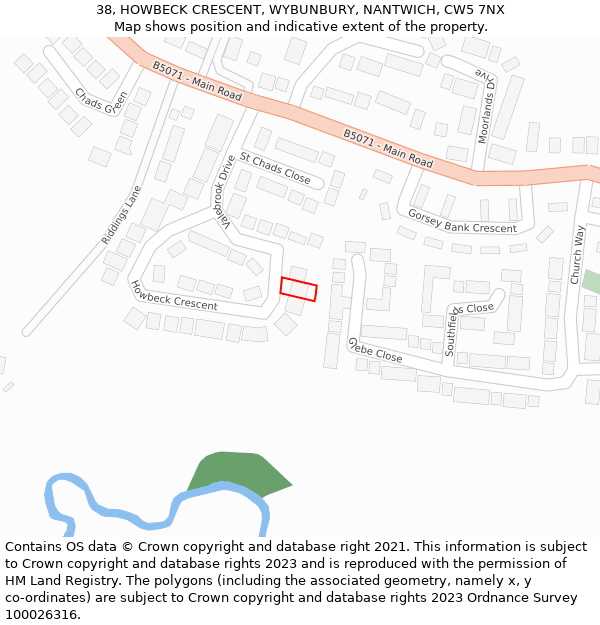 38, HOWBECK CRESCENT, WYBUNBURY, NANTWICH, CW5 7NX: Location map and indicative extent of plot