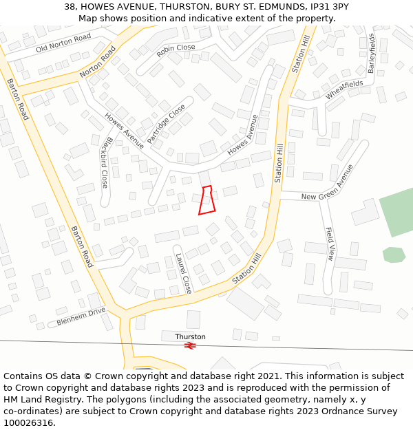 38, HOWES AVENUE, THURSTON, BURY ST. EDMUNDS, IP31 3PY: Location map and indicative extent of plot