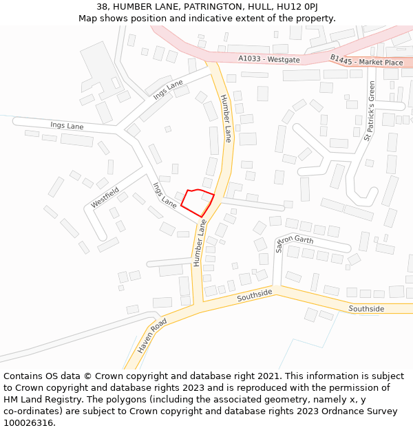 38, HUMBER LANE, PATRINGTON, HULL, HU12 0PJ: Location map and indicative extent of plot