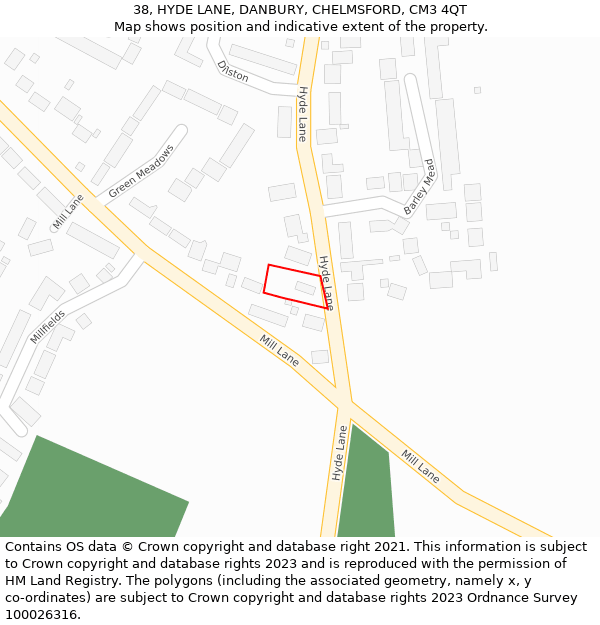 38, HYDE LANE, DANBURY, CHELMSFORD, CM3 4QT: Location map and indicative extent of plot