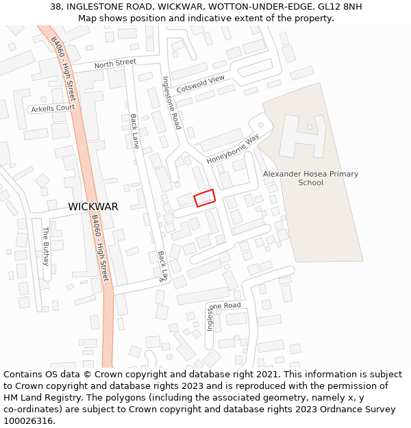 38, INGLESTONE ROAD, WICKWAR, WOTTON-UNDER-EDGE, GL12 8NH: Location map and indicative extent of plot