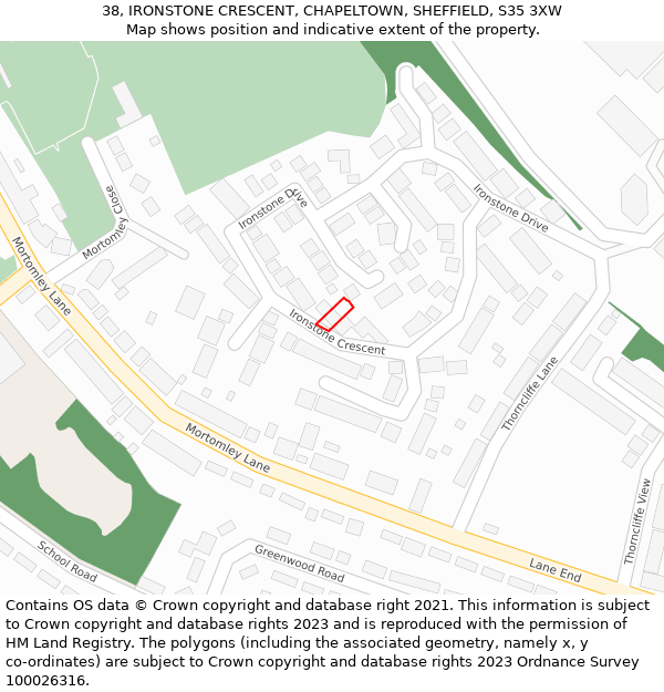 38, IRONSTONE CRESCENT, CHAPELTOWN, SHEFFIELD, S35 3XW: Location map and indicative extent of plot