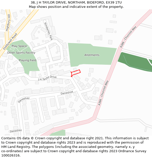 38, J H TAYLOR DRIVE, NORTHAM, BIDEFORD, EX39 1TU: Location map and indicative extent of plot