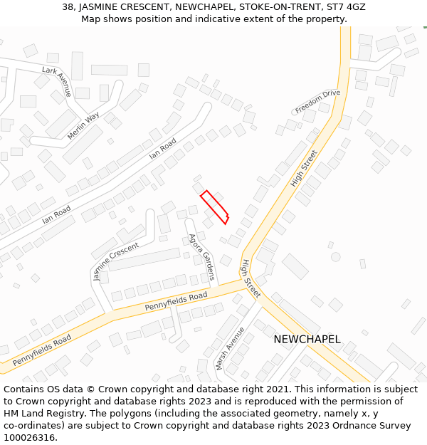 38, JASMINE CRESCENT, NEWCHAPEL, STOKE-ON-TRENT, ST7 4GZ: Location map and indicative extent of plot