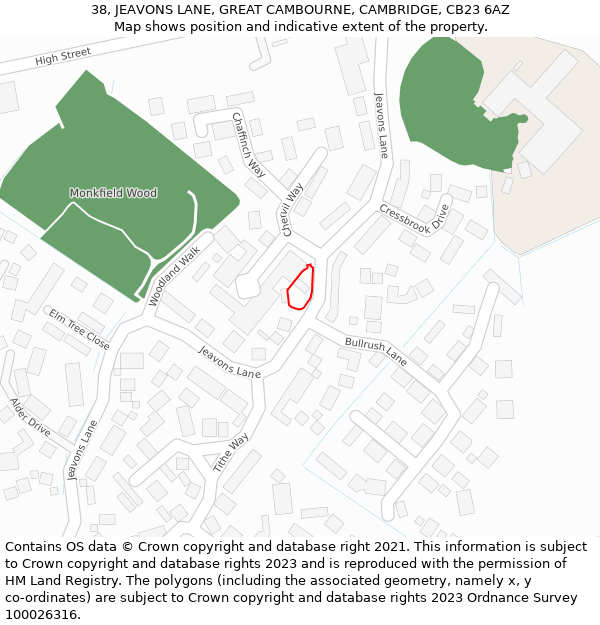 38, JEAVONS LANE, GREAT CAMBOURNE, CAMBRIDGE, CB23 6AZ: Location map and indicative extent of plot