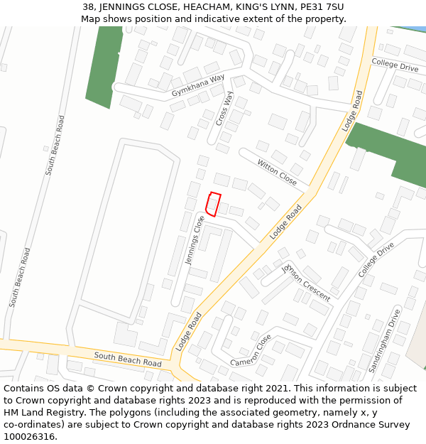 38, JENNINGS CLOSE, HEACHAM, KING'S LYNN, PE31 7SU: Location map and indicative extent of plot