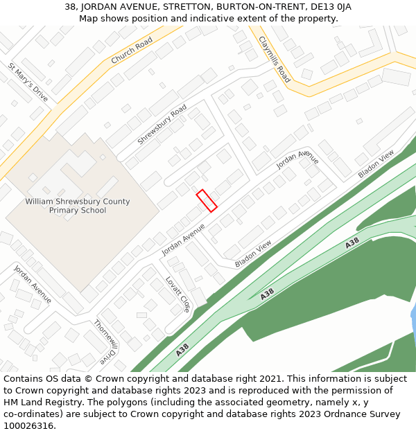 38, JORDAN AVENUE, STRETTON, BURTON-ON-TRENT, DE13 0JA: Location map and indicative extent of plot