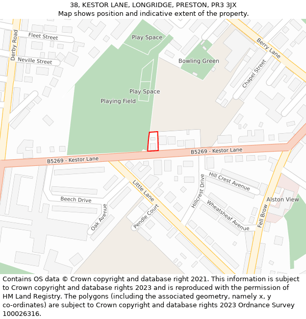 38, KESTOR LANE, LONGRIDGE, PRESTON, PR3 3JX: Location map and indicative extent of plot