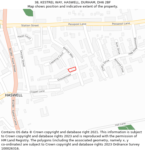 38, KESTREL WAY, HASWELL, DURHAM, DH6 2BF: Location map and indicative extent of plot