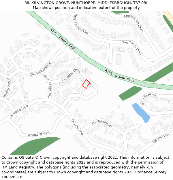 38, KILVINGTON GROVE, NUNTHORPE, MIDDLESBROUGH, TS7 0RL: Location map and indicative extent of plot