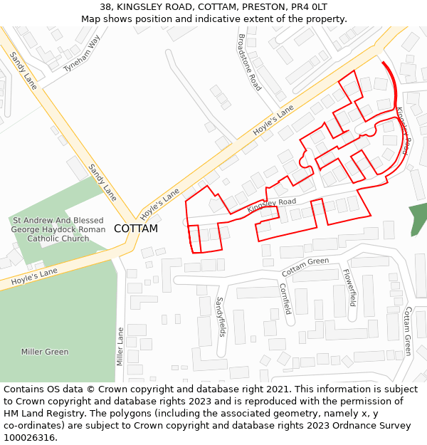 38, KINGSLEY ROAD, COTTAM, PRESTON, PR4 0LT: Location map and indicative extent of plot
