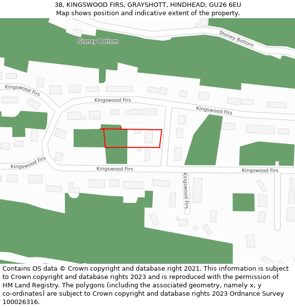 38, KINGSWOOD FIRS, GRAYSHOTT, HINDHEAD, GU26 6EU: Location map and indicative extent of plot