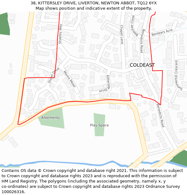 38, KITTERSLEY DRIVE, LIVERTON, NEWTON ABBOT, TQ12 6YX: Location map and indicative extent of plot