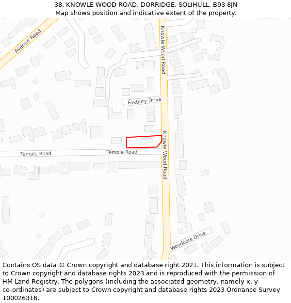 38, KNOWLE WOOD ROAD, DORRIDGE, SOLIHULL, B93 8JN: Location map and indicative extent of plot