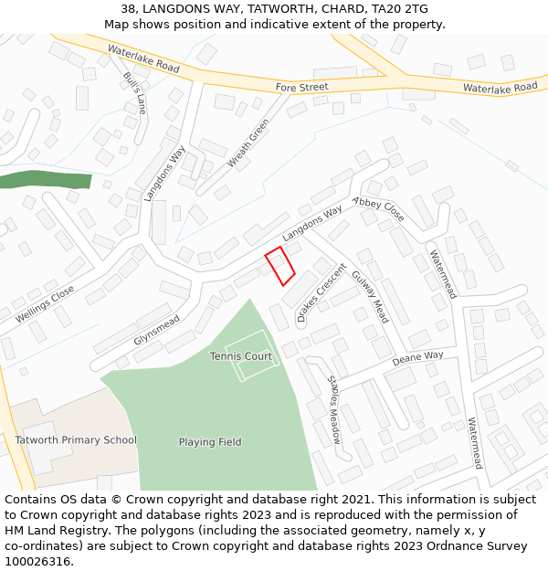 38, LANGDONS WAY, TATWORTH, CHARD, TA20 2TG: Location map and indicative extent of plot