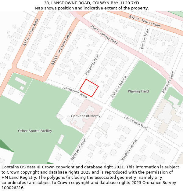 38, LANSDOWNE ROAD, COLWYN BAY, LL29 7YD: Location map and indicative extent of plot