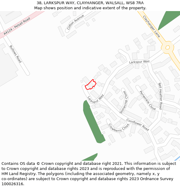 38, LARKSPUR WAY, CLAYHANGER, WALSALL, WS8 7RA: Location map and indicative extent of plot