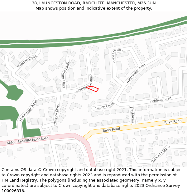 38, LAUNCESTON ROAD, RADCLIFFE, MANCHESTER, M26 3UN: Location map and indicative extent of plot