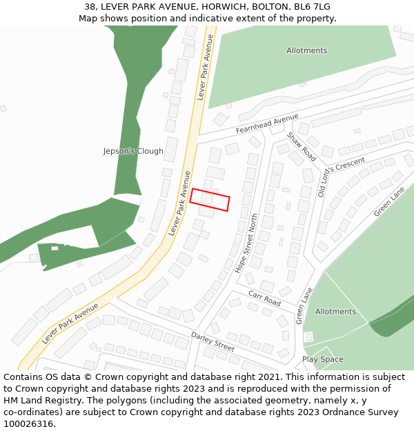 38, LEVER PARK AVENUE, HORWICH, BOLTON, BL6 7LG: Location map and indicative extent of plot