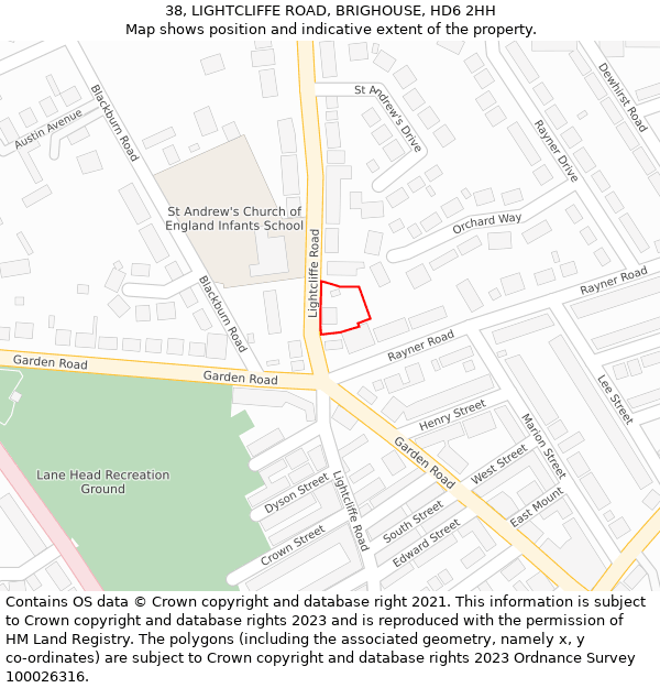 38, LIGHTCLIFFE ROAD, BRIGHOUSE, HD6 2HH: Location map and indicative extent of plot