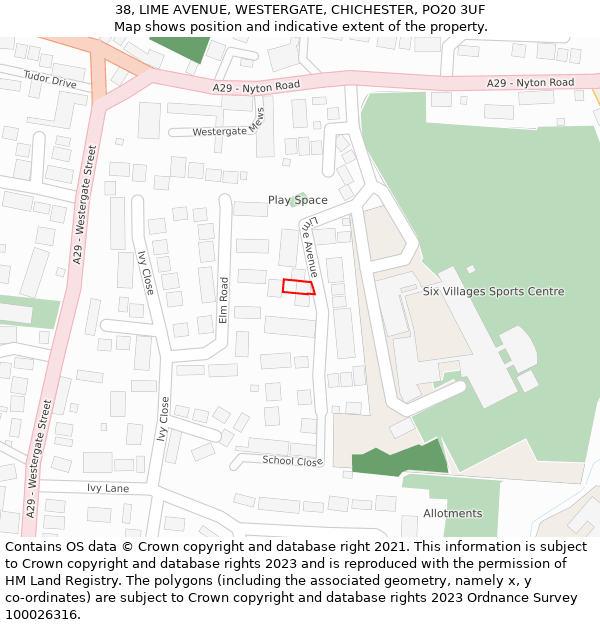 38, LIME AVENUE, WESTERGATE, CHICHESTER, PO20 3UF: Location map and indicative extent of plot