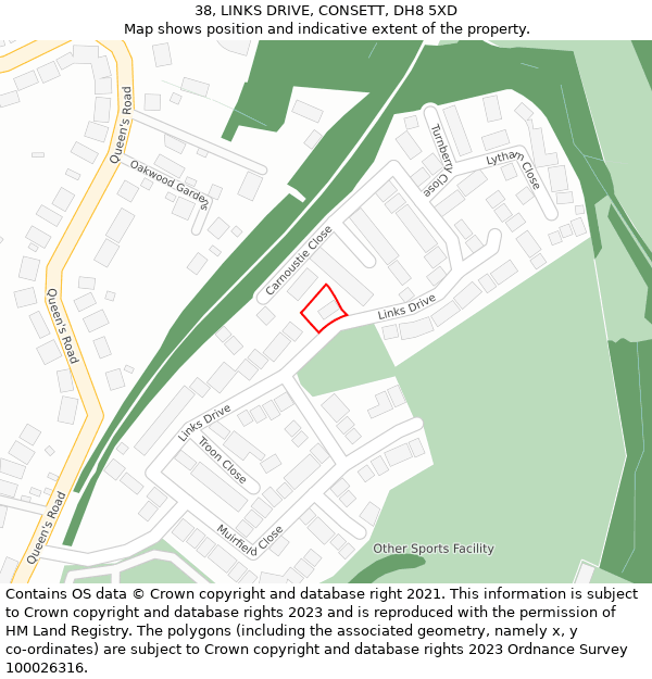 38, LINKS DRIVE, CONSETT, DH8 5XD: Location map and indicative extent of plot
