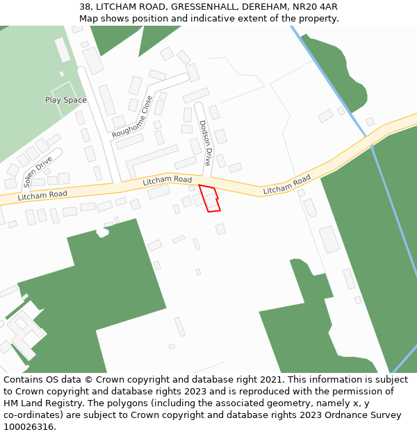38, LITCHAM ROAD, GRESSENHALL, DEREHAM, NR20 4AR: Location map and indicative extent of plot